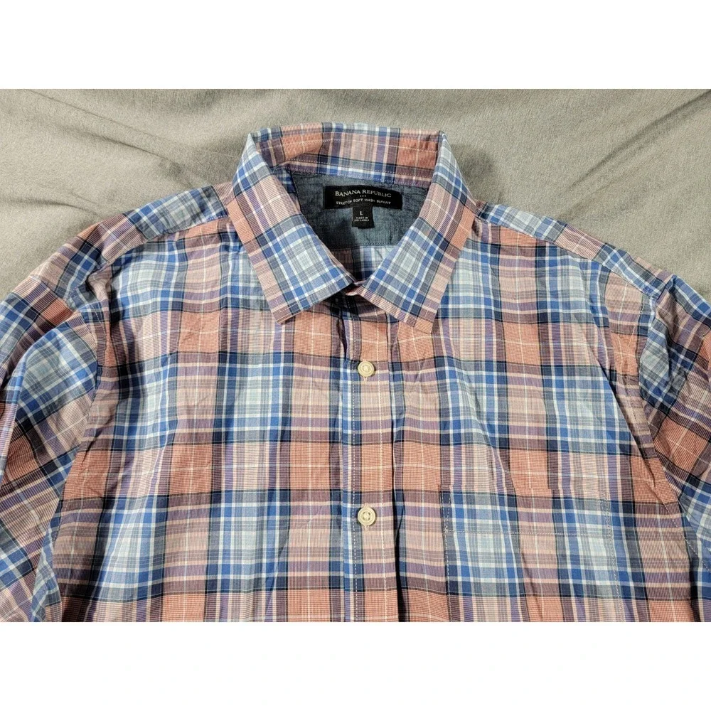 BANANA REPUBLIC Men's Blue/Red Plaid Slim-Fit Soft-Wash Stretch Shirt Button Up‎